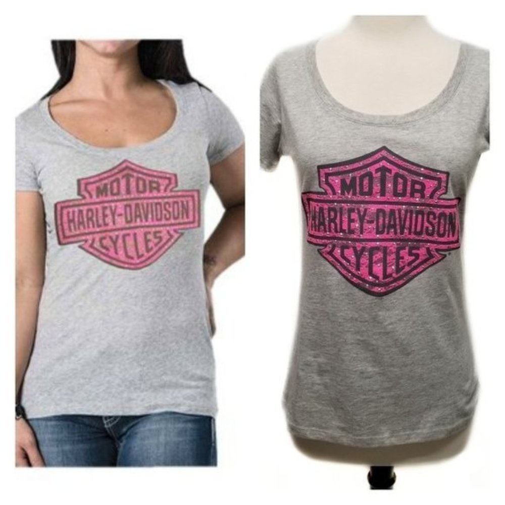 Harley Davidson Gray T Shirt Pink Sparkling‎ Lace Logo Size M